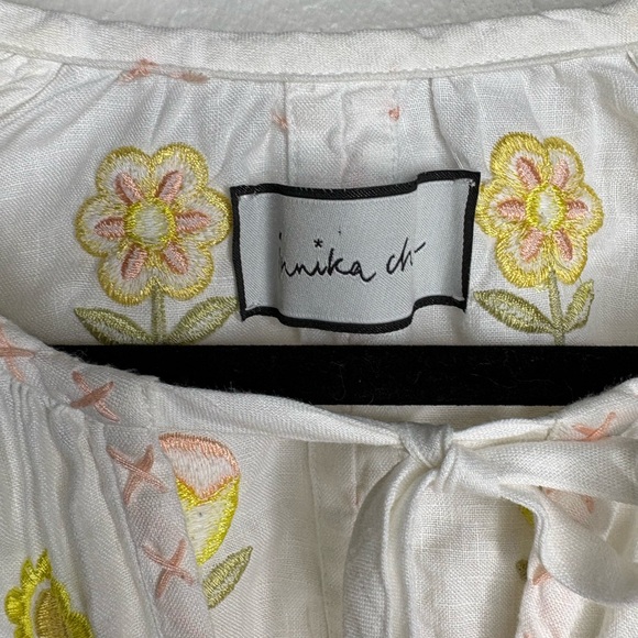 Innika Choo Smocked Embroidered Linen Mini Dress tulips OS - Picture 3 of 7